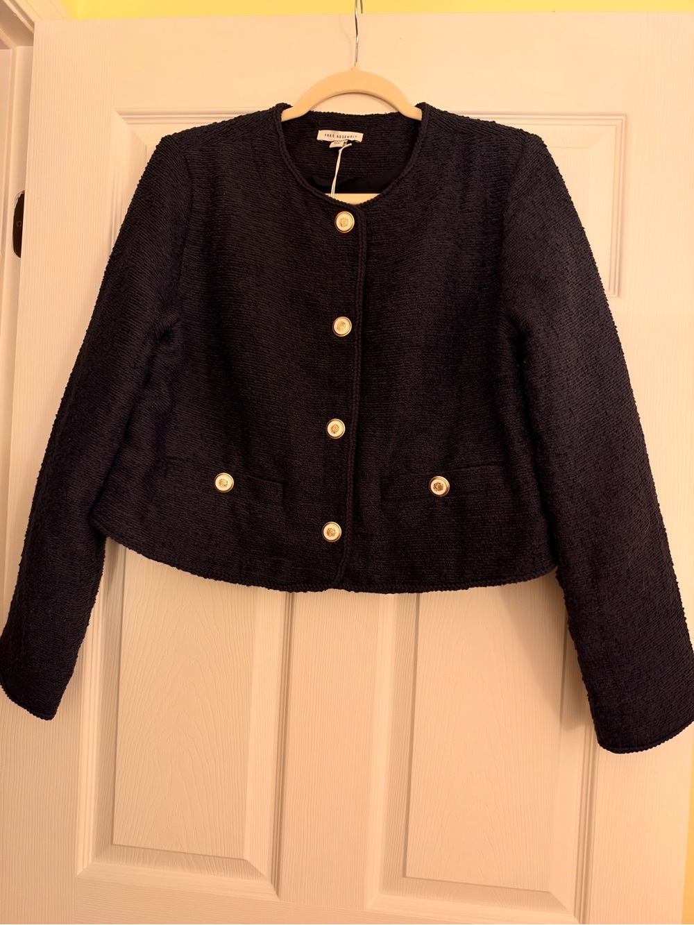 NWT Free Assembly Navy Boucle Crew Neck Lady Jacket Size L (12-14) Gold Buttons
